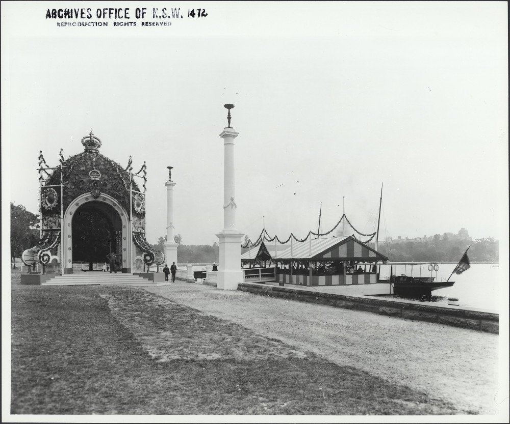 The decorated Landing Pavilion at Farm Cove, 1901, Sydney city centre (c. 1901)