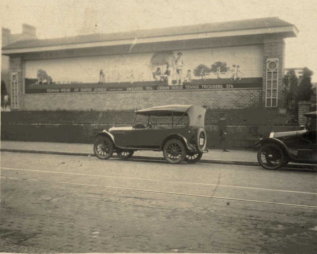 Advertising sign for David Jones advertising tennis clothing, Sydney city centre (1923)