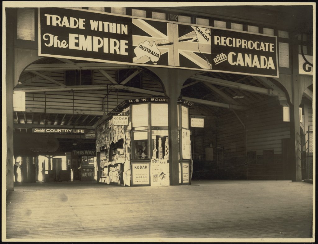 Billboard at Circular Quay Wharf promoting trade between Australia and Canada (1930)