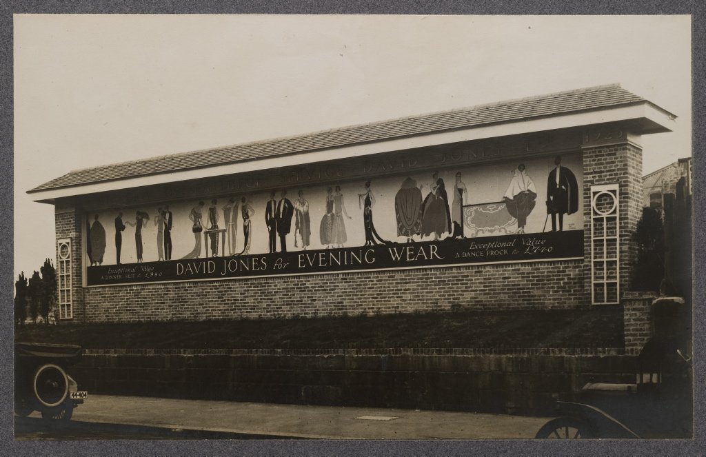 Large advertising sign for David Jones advertising evening wear, 1925, Sydney city centre