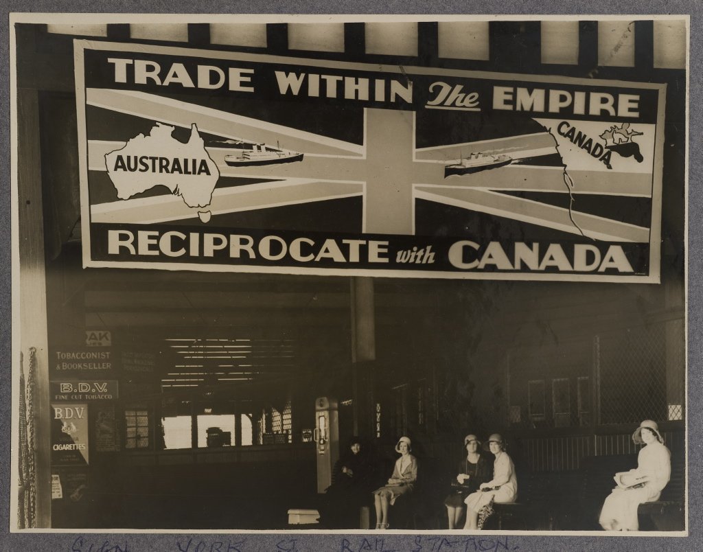Advertising billboard at Wynyard Railway Station promoting trade between Australia and Canada, 1930 - 1939, Sydney city centre