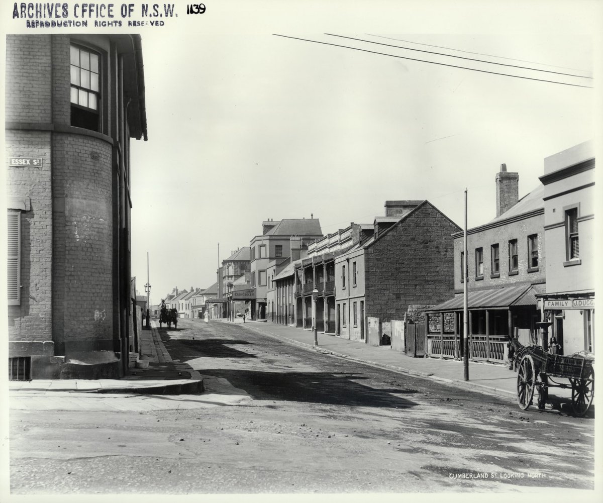 Cumberland Street looking north from Essex Street, The Rocks (NSW) (Rocks Resumption photographic survey) (1901)