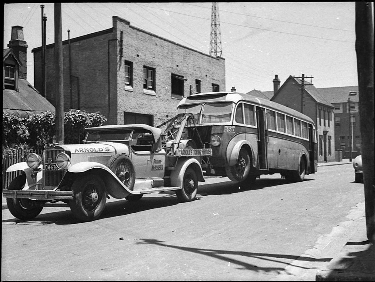 1929 Cadillac tow truck with bus Sydney AUSTRALIA December 1938