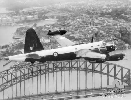 11 Squadron RAAF Neptune over Sydney Harbour Bridge 1951 AWM P00448.151