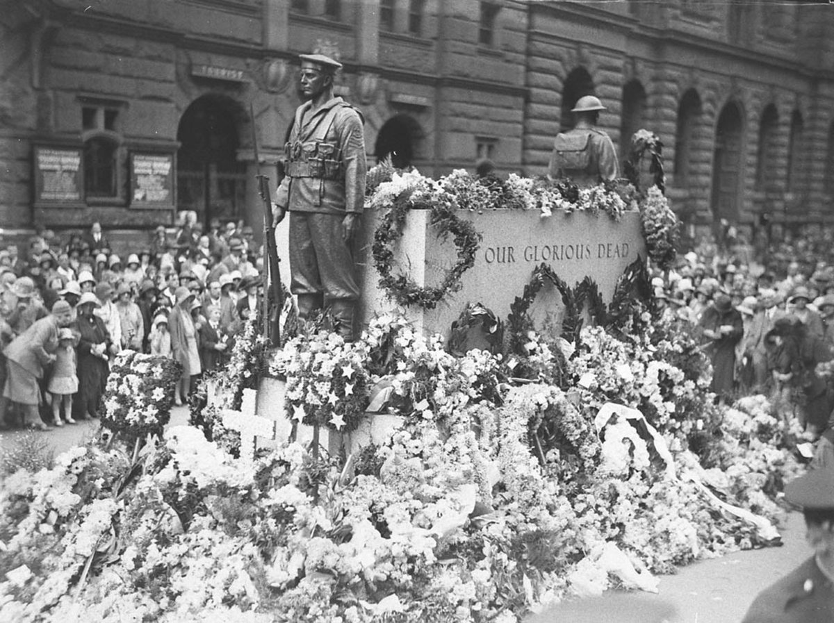 Wreaths on the Cenotaph, Martin Place, Sydney, Anzac Day, 25 April 1930 photographer Sam Hood