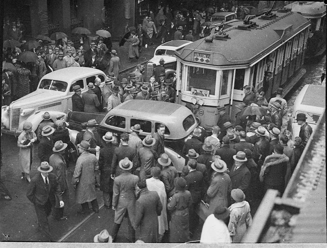 Tram and taxi smash in Pitt Street 1937, Sydney city centre