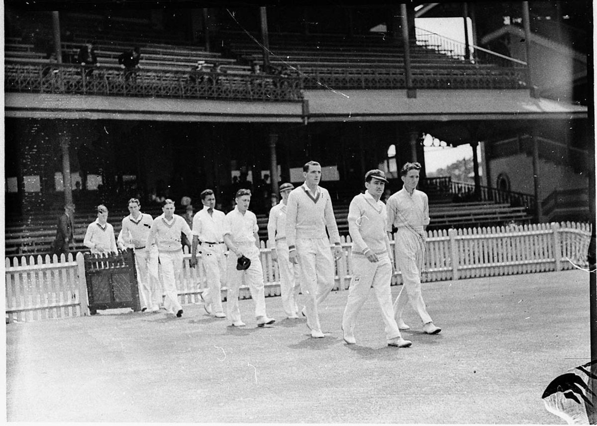 Unidentified cricket team takes the field Sydney Cricket Ground, Moore Park (1930s)