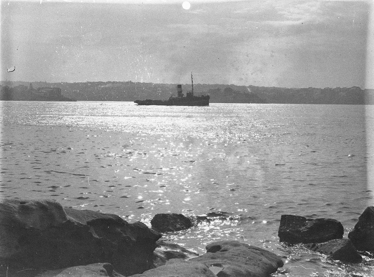 A backlighted scene of tug boat waiting to take a ship in tow on Sydney Harbour (1930s)