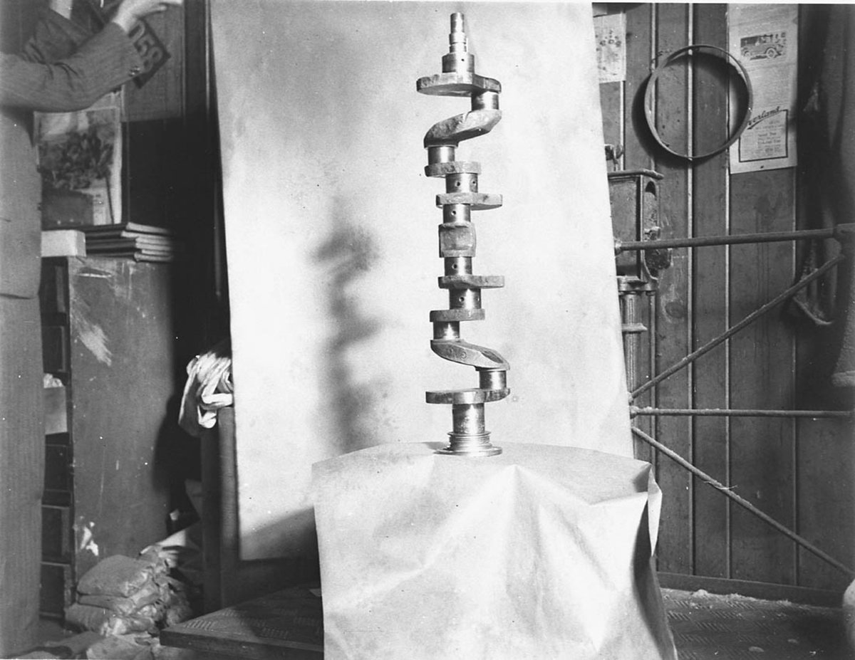 A closeup of a six cylinder four main bearing crankshaft (1930s)