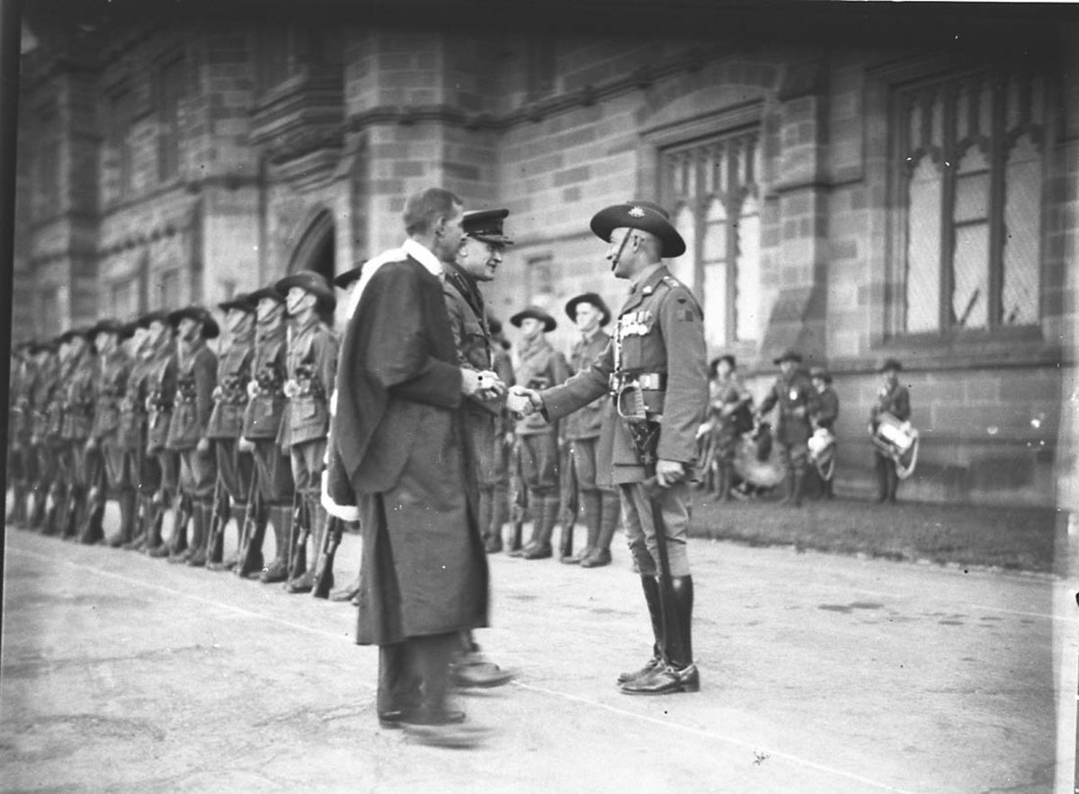 A general and an academic with the commander of the guardofhonour at Sydney University, Camperdown (1930)