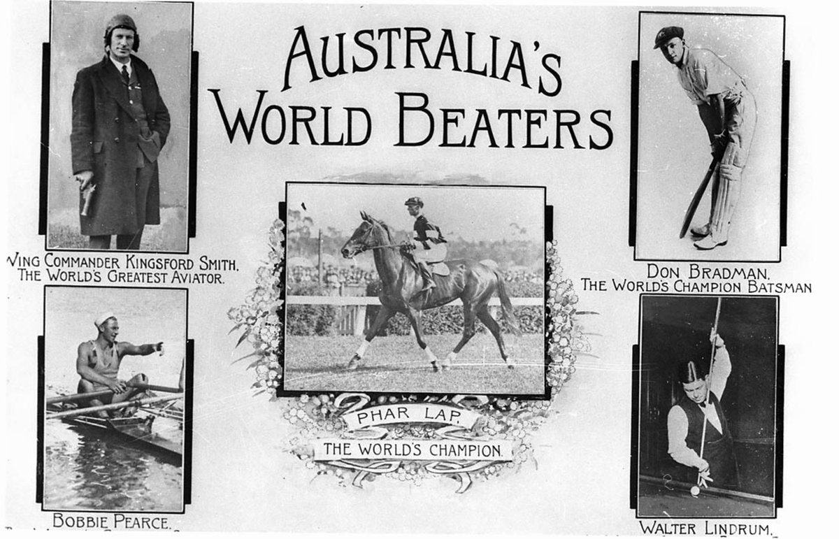 A montage Australians World Beaters Charles Kingford Smith Don Bradman Bobby Pearce Walter Lindrum with Phar Lap as centre piece (1930s)