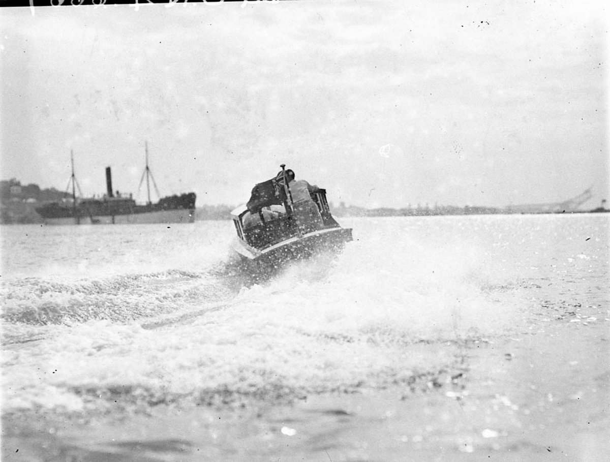 A motor cruiser in a sea of foam, Sydney Harbour (c. 1930)