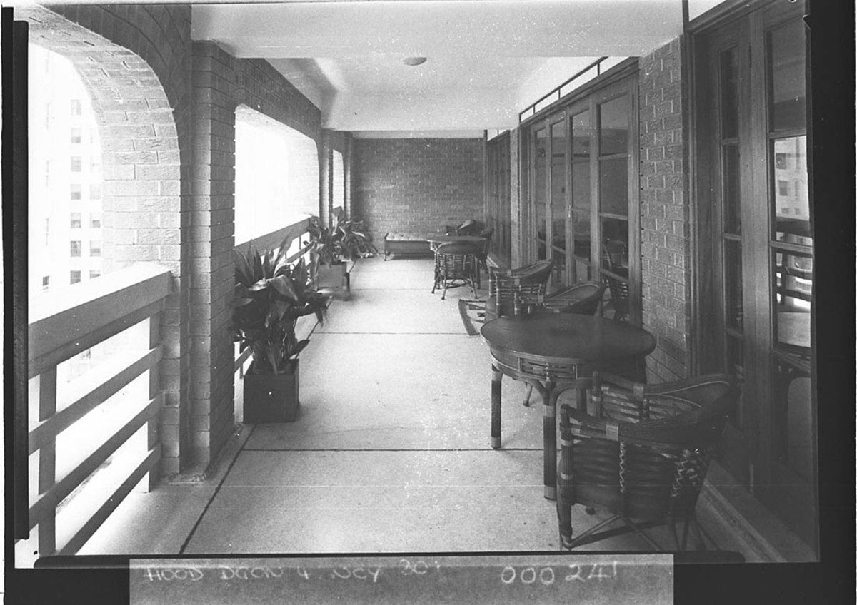 Balcony with tables and chairs Teachers Federation Building in Phillip Street for Building Publishing Co, Sydney city centre (1939)