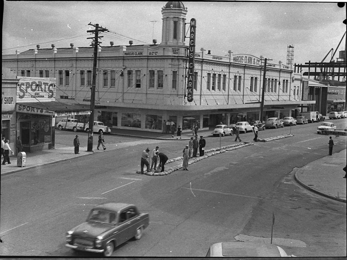 Bank corner traffic zones Hunter Street Newcastle Marcus Clarks store, Sydney city centre (1956)
