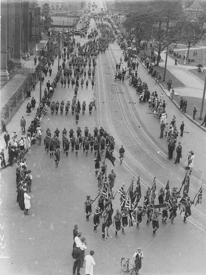 Boy Scouts March along College Street, Sydney city centre (c. 1929)
