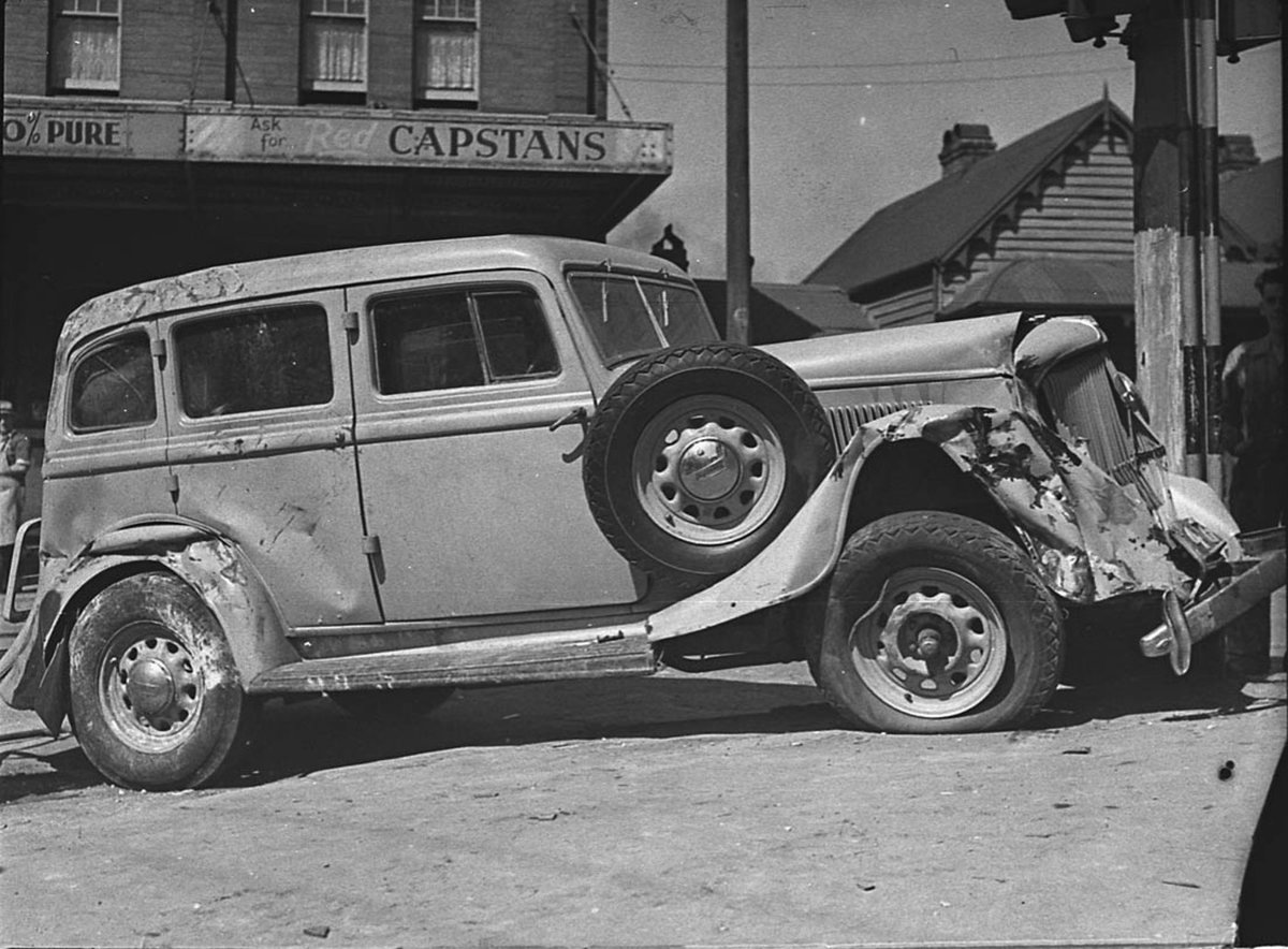 Car smash Abercrombie Street taken for Mr Cowell (c. 1943)