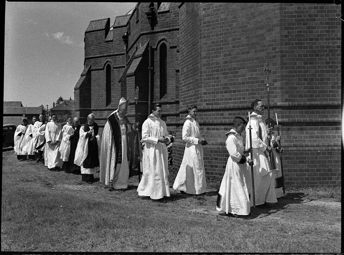 Cathedral ordination service conducted by the Bishop of Newcastle Rt Rev F de Witt Batty Candidates Revs A Fowler W Turvey H Grayston Dr J Walker all deacons and Rev E Barker priest (1952)