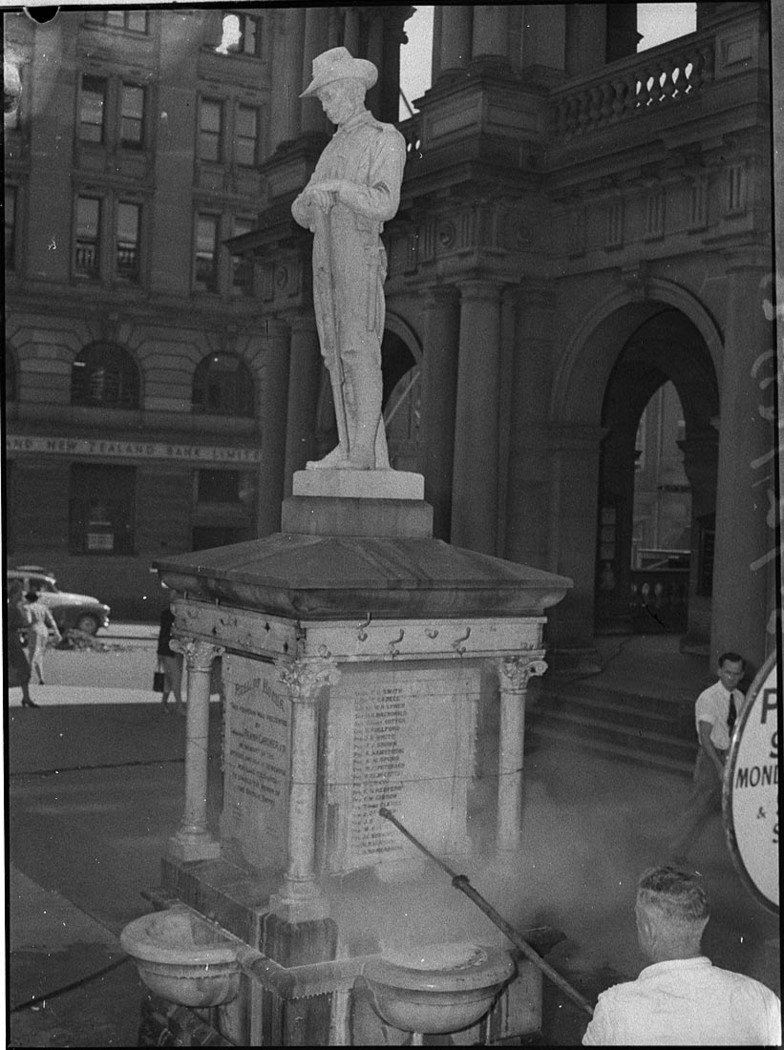 Cenotaph cleaned for Anzac Day, Sydney city centre (1956)