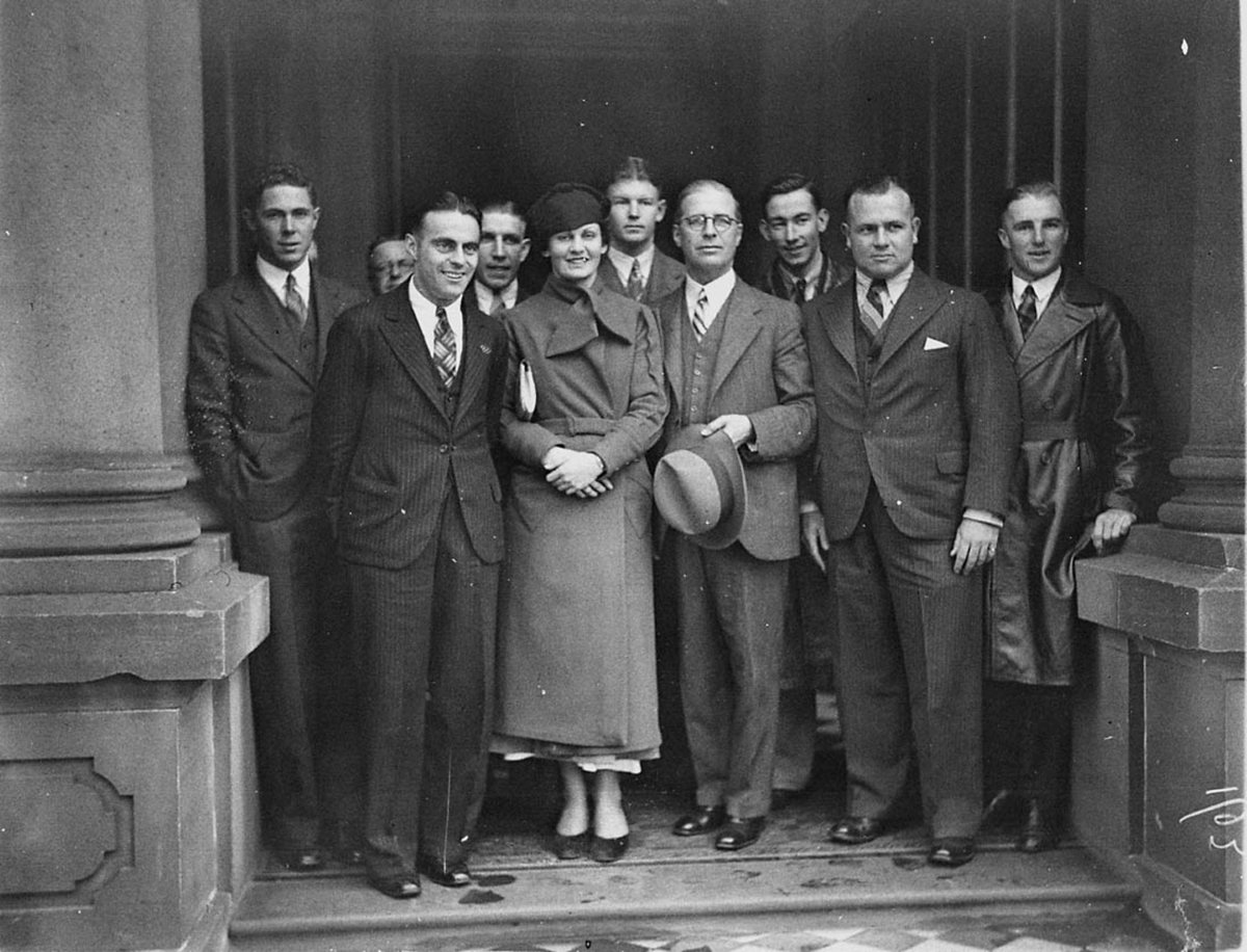 Clare Dennis and other athletes on the steps after a civic farewell before leaving for the Empire games Sydney Town Hall 1934, Sydney city centre
