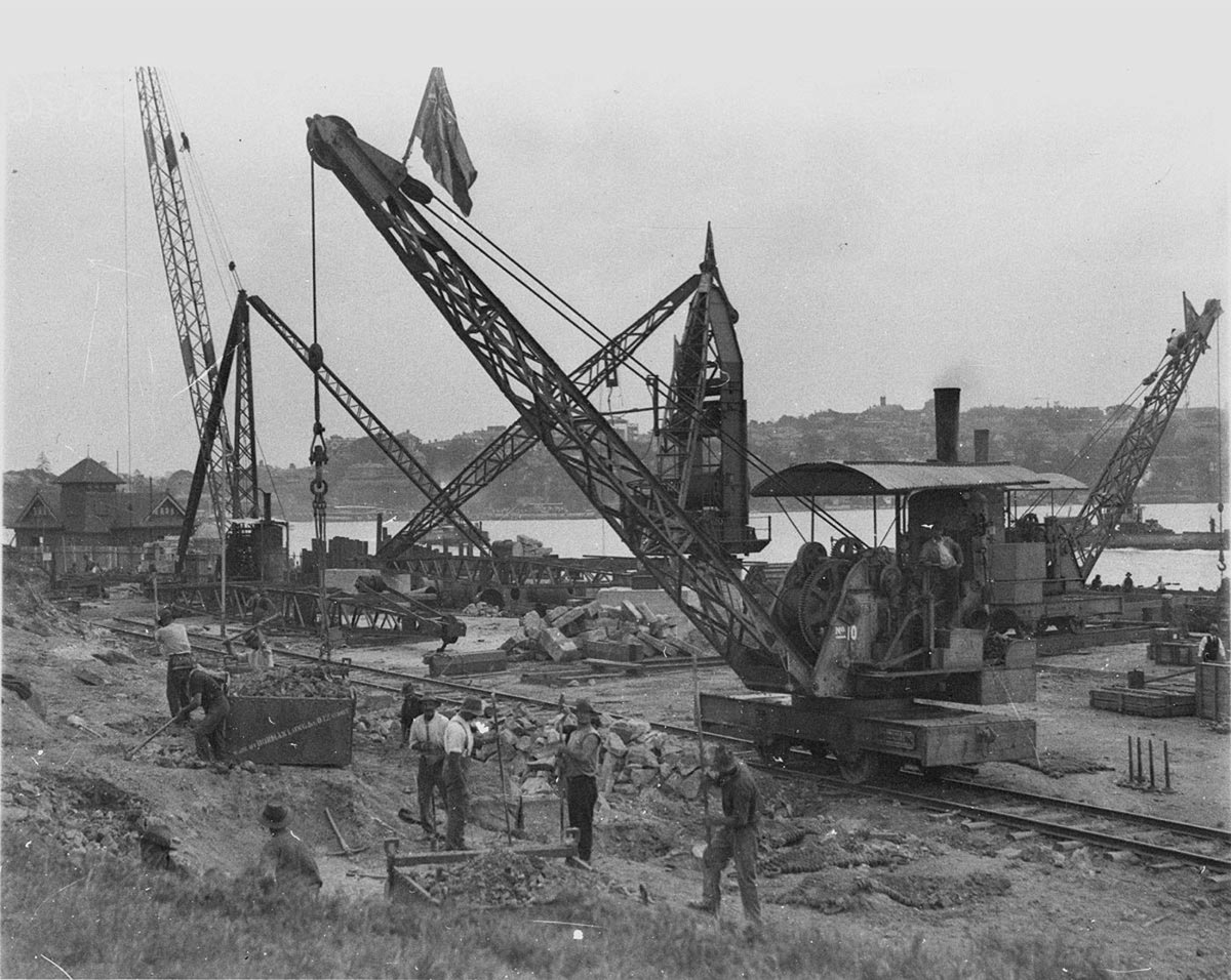 Clearing site for Harbour Bridge workshops Dorman Long Co where the English steel plates were cut drilled and assembled Later site of Luna Park, Milsons Point (c. 1930)