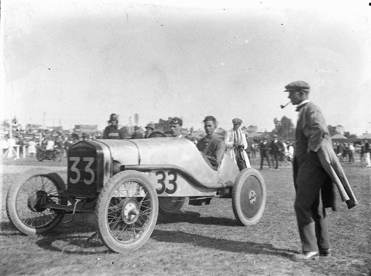 Competitor No 33 probably Ted King in a modified Ford T racing car Penrith Speedway 1925