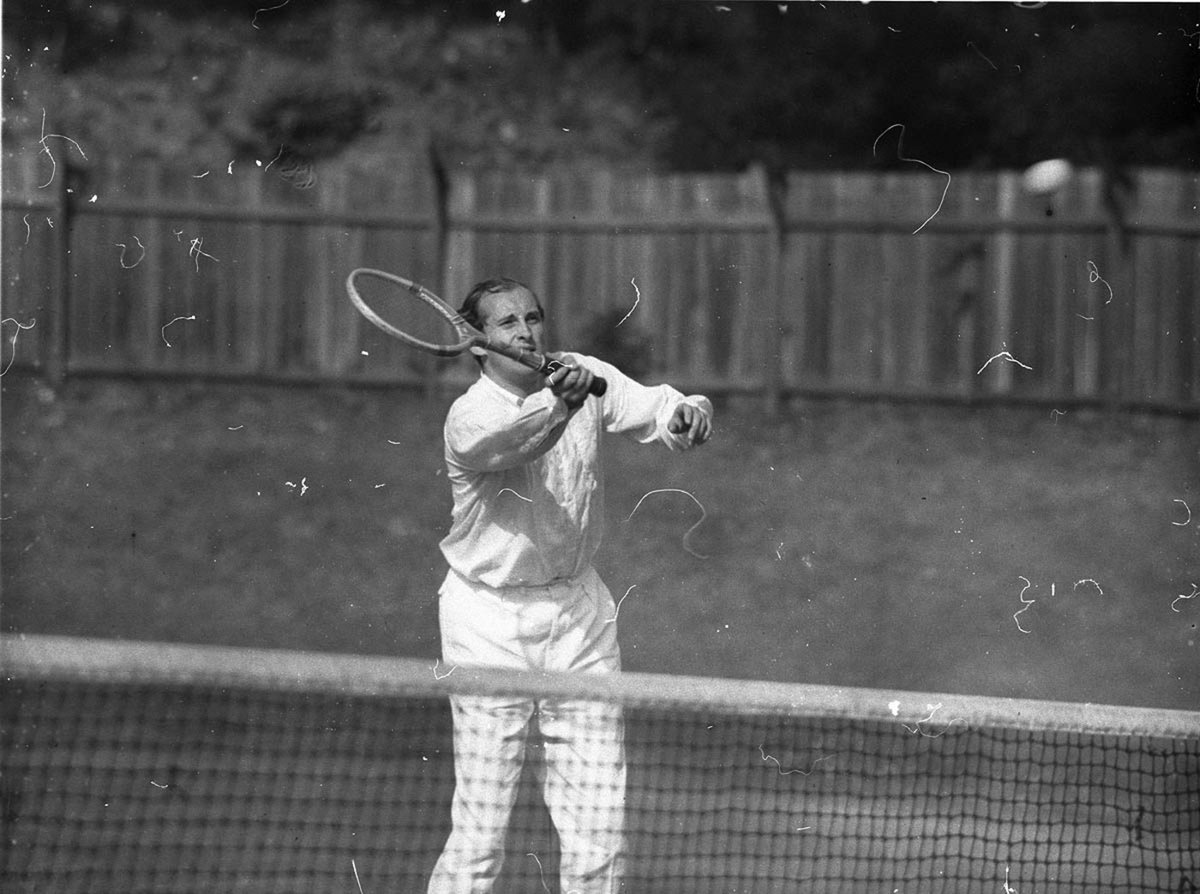 Czech tennis player Menzel in action at the net (1934)