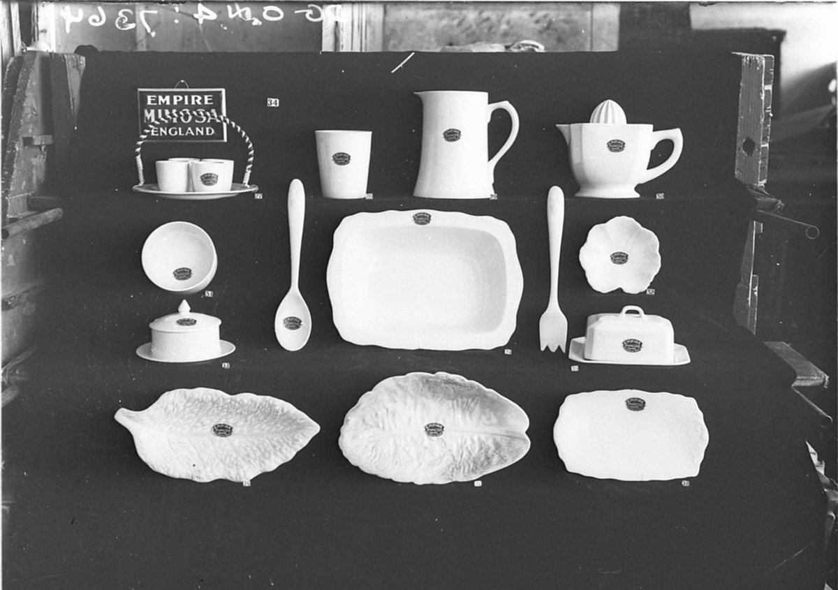 Display of warehouse samples of Empire Ware Mimosa china (1930s)
