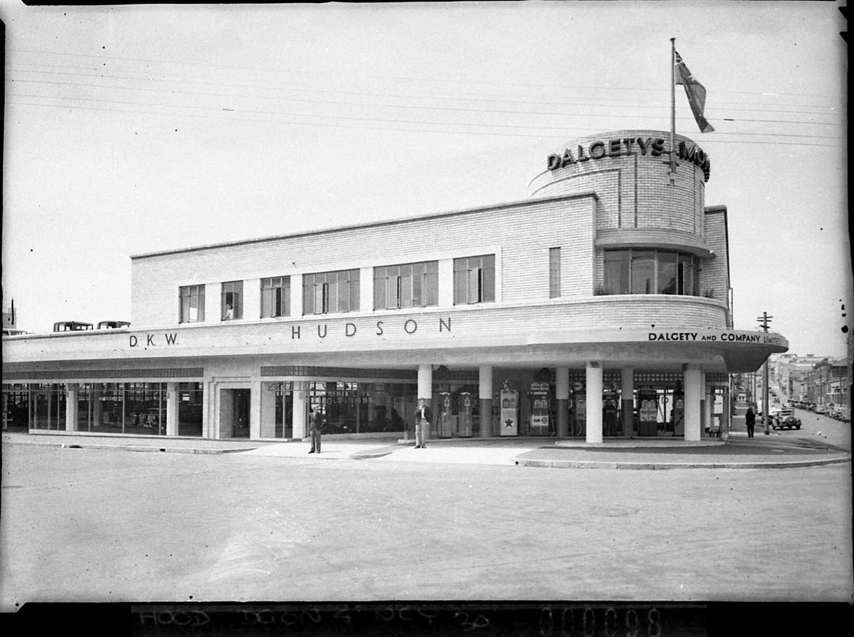 DKW Hudson Wolseley car showrooms corner Cathedral and Riley Streets Woolloomooloo for Building Publishing Co (1938)