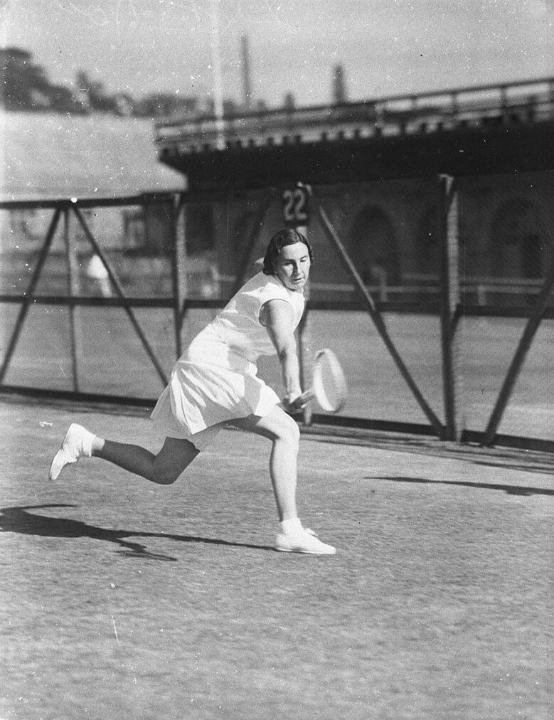 Dorothy Round practising on outside court no22 White City, Rushcutters Bay (1930s)