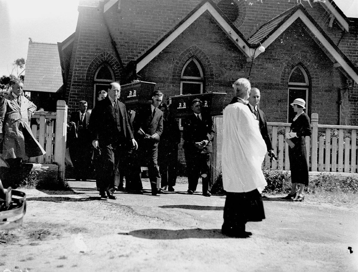 Double funeral for Leslie Hinks killed Yerranderie flying to his son Harolds funeral and Harold Hinks at St Giles Church Greenwich, 1934