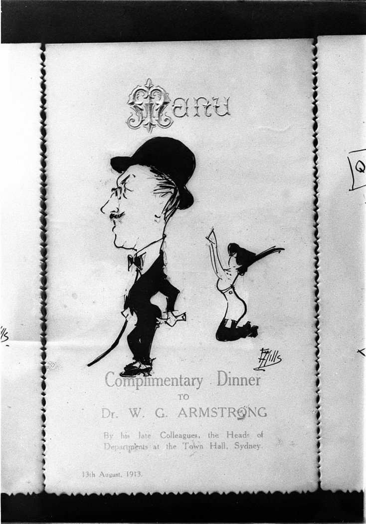 EY Mills caricature on a menu card for the complimentary dinner for Dr WG Armstrong test cricketer (1913)