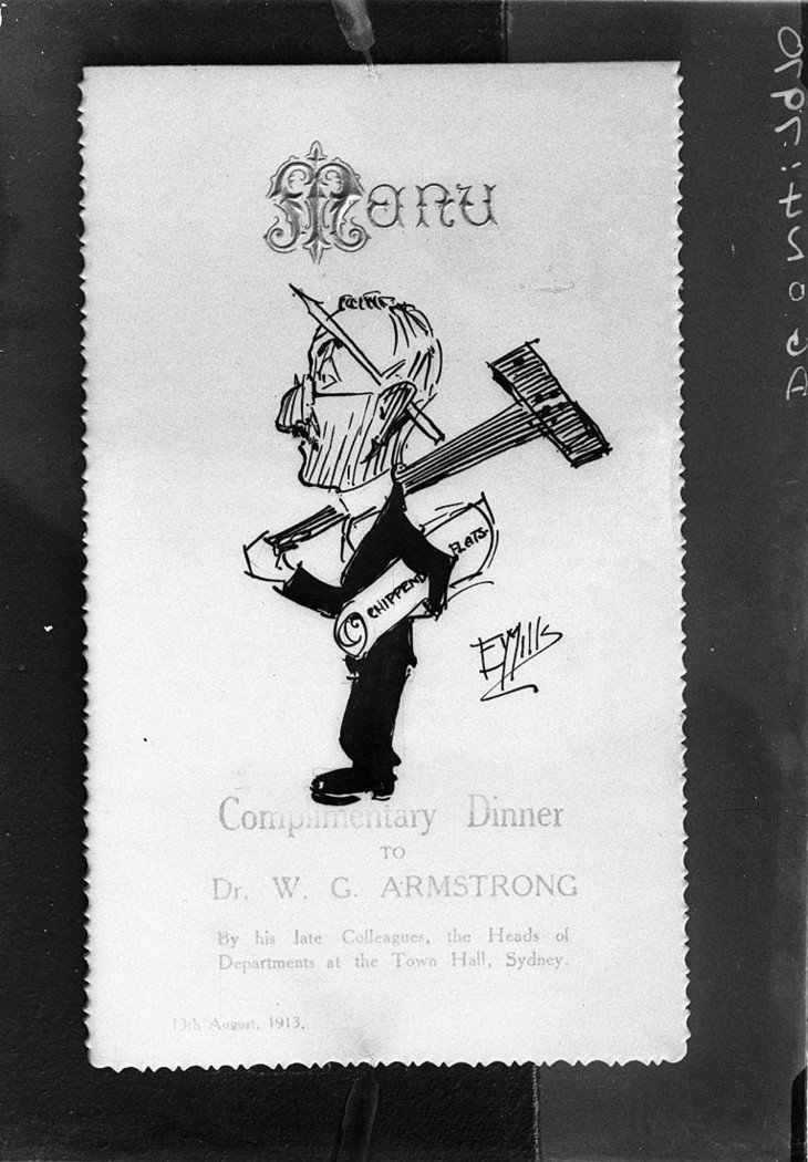EY Mills caricature on menu card of the complimentary dinner for test cricketer Dr WG Armstrong (1913)