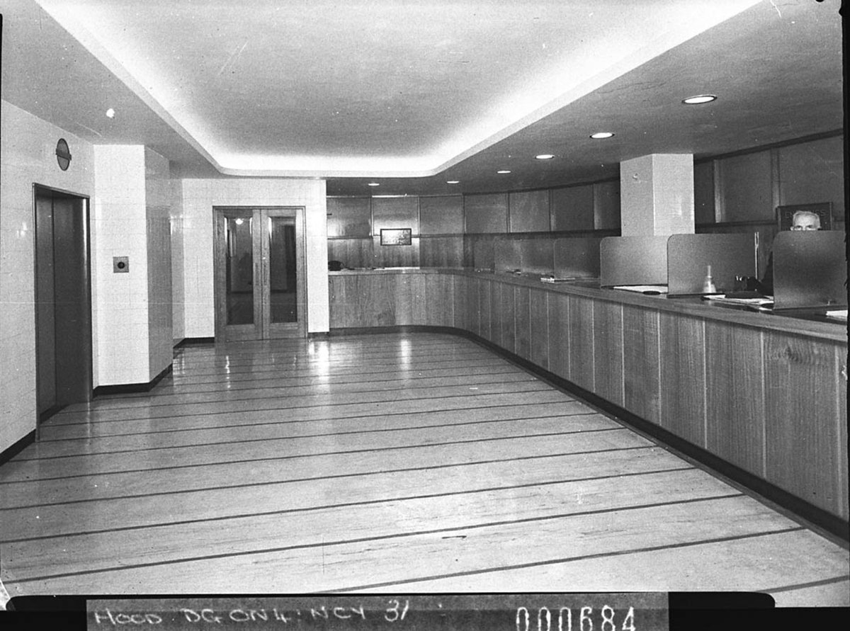 Entrance hall and CPS booths of new unidentified suburban court house taken for Building Publishing Co, Sydney (1944)