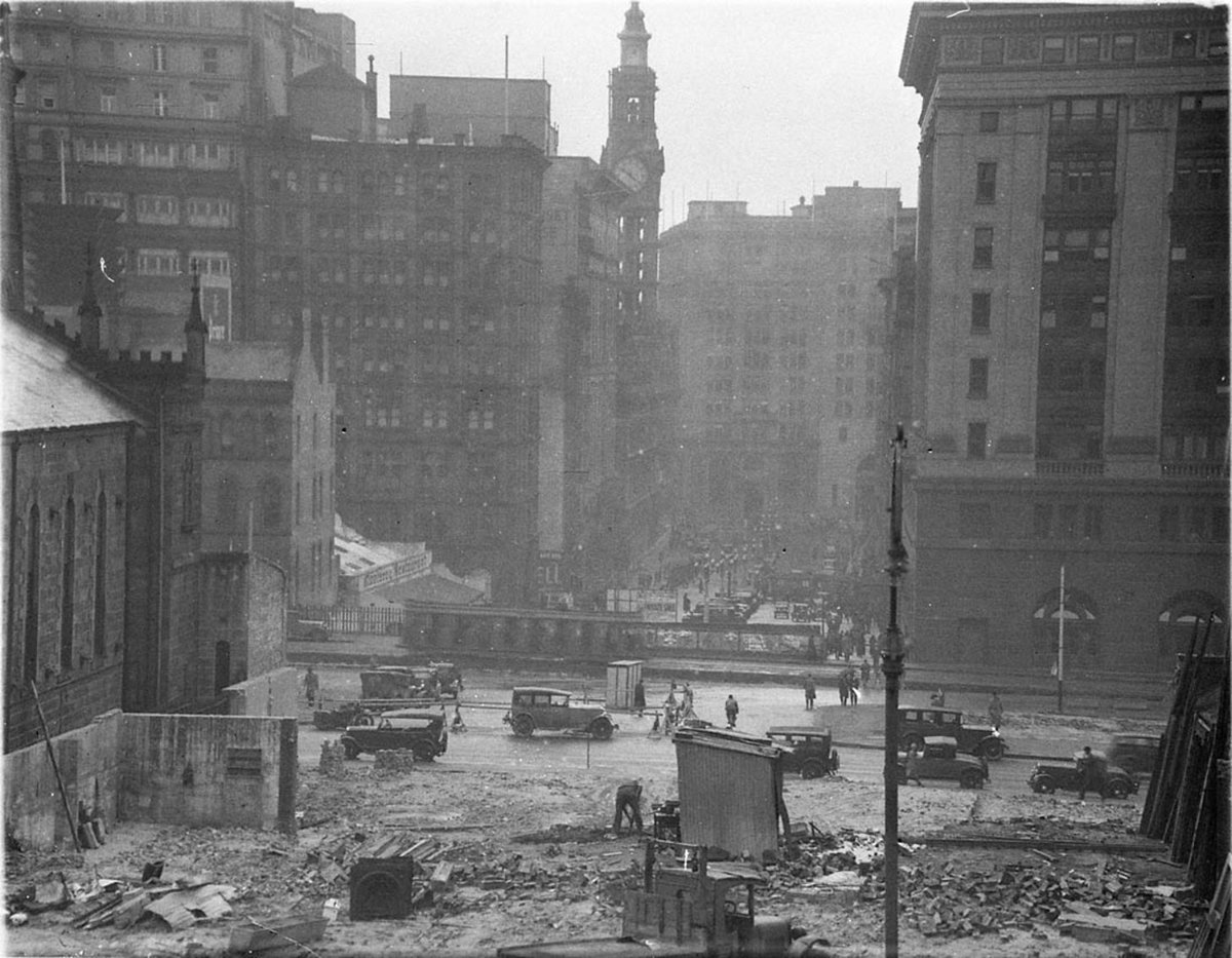 Extension of Martin Place from Pitt Street to Macquarie Street seen from Sydney Hopital with St Stephens Church left and the Commonwealth Bank right (1934–35)