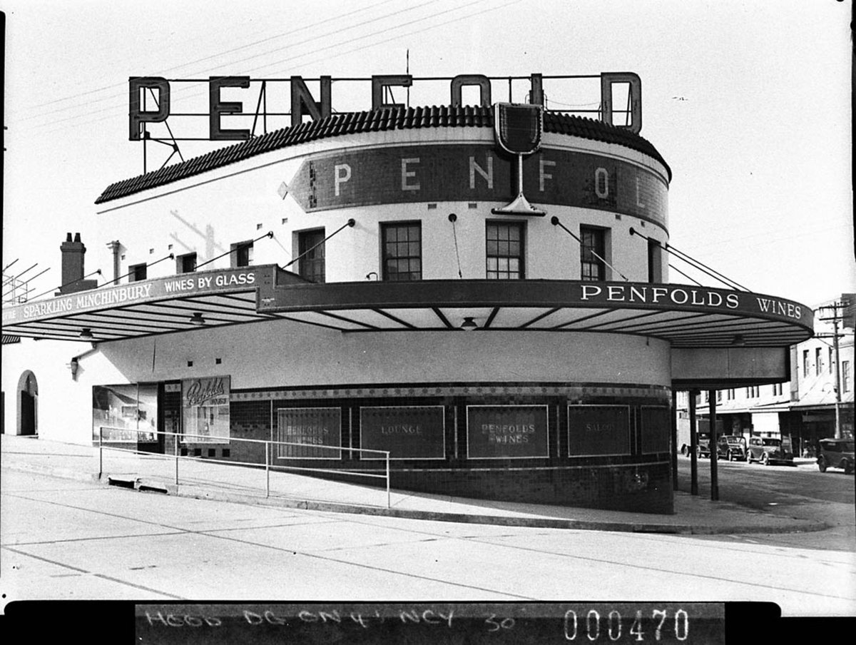 Exterior of Penfolds new wine saloon and store at Victoria Cross North Sydney (1939)