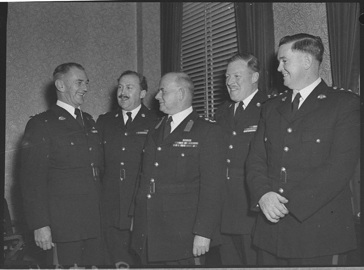 Farewell to Brigadier JW Main Left to right Capt Gosper Major James Major Horton and Capt King with Brigadier Main centre (1955)