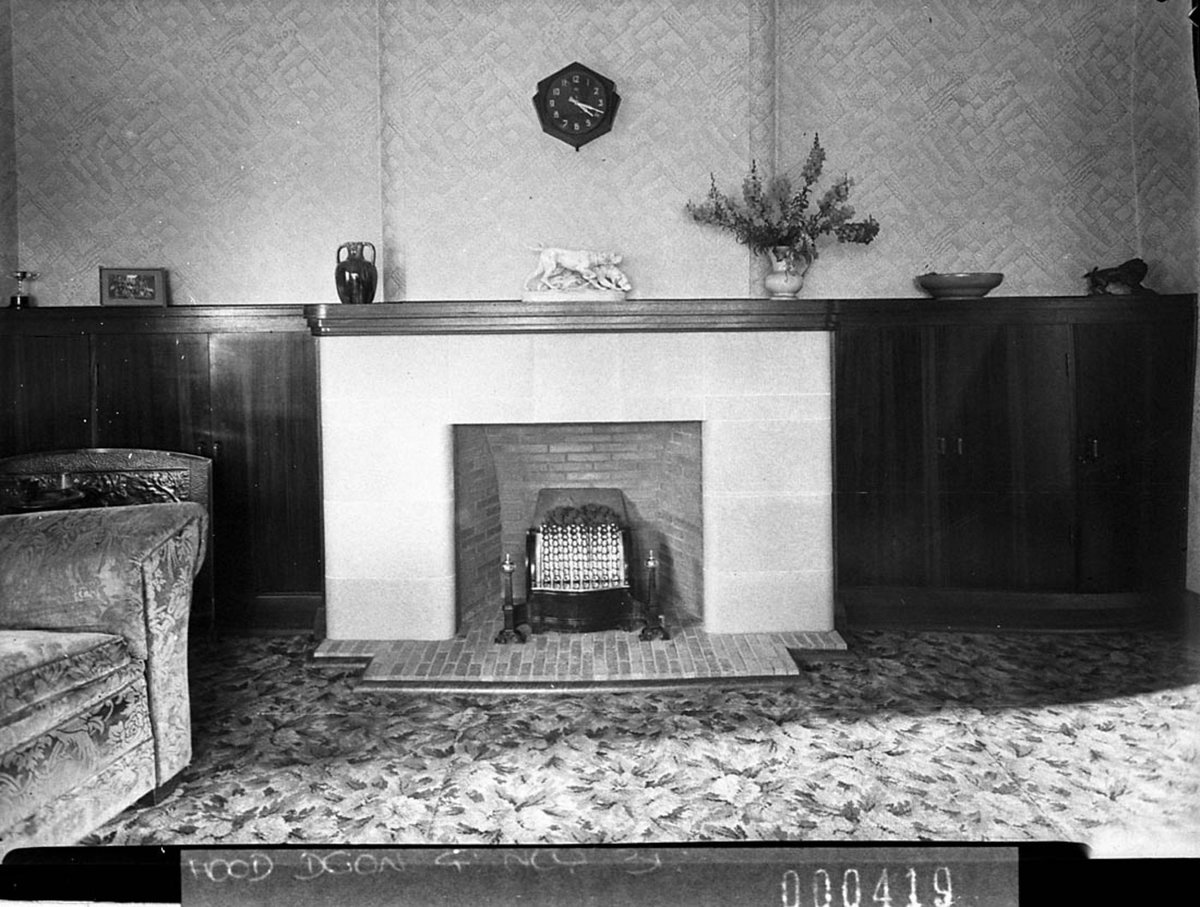 Fireplace in a lounge room taken for Building Publishing Co (1925–57)