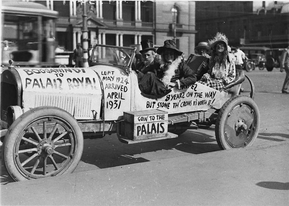 Four people in a car advertising a Dad and Dave night at the Palais Royal ballroom Left Boggawindi 1924 arrived Palais 1931