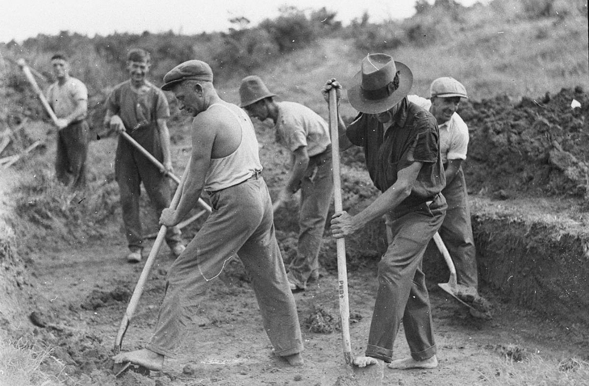 Gangs of men on relief work during the depression (1930s)