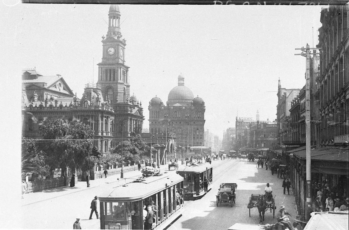 George Street looking north showing Town Hall and Queen Victoria Building, Sydney city centre (c. 1920)