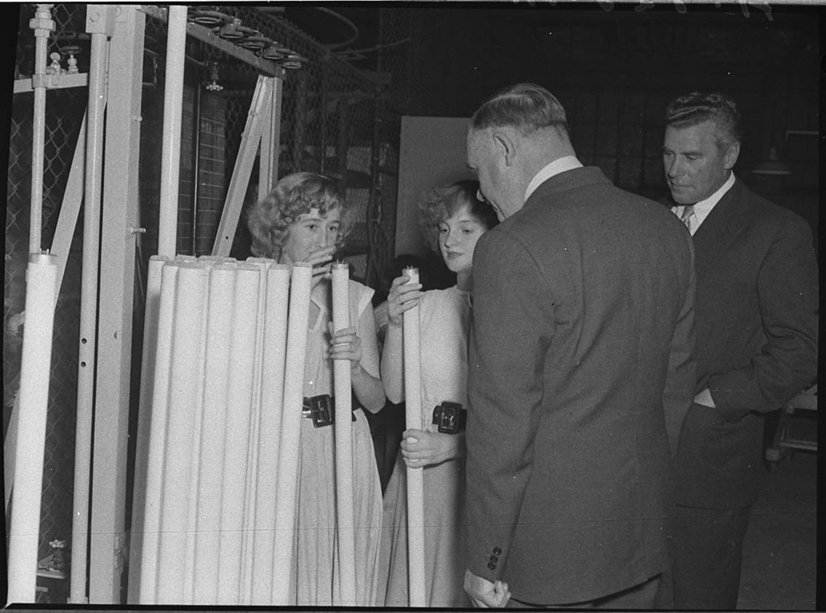 Governor Sir John Northcott with the manager of the Electric Lamp Works Mr B Vandenburg (1955)