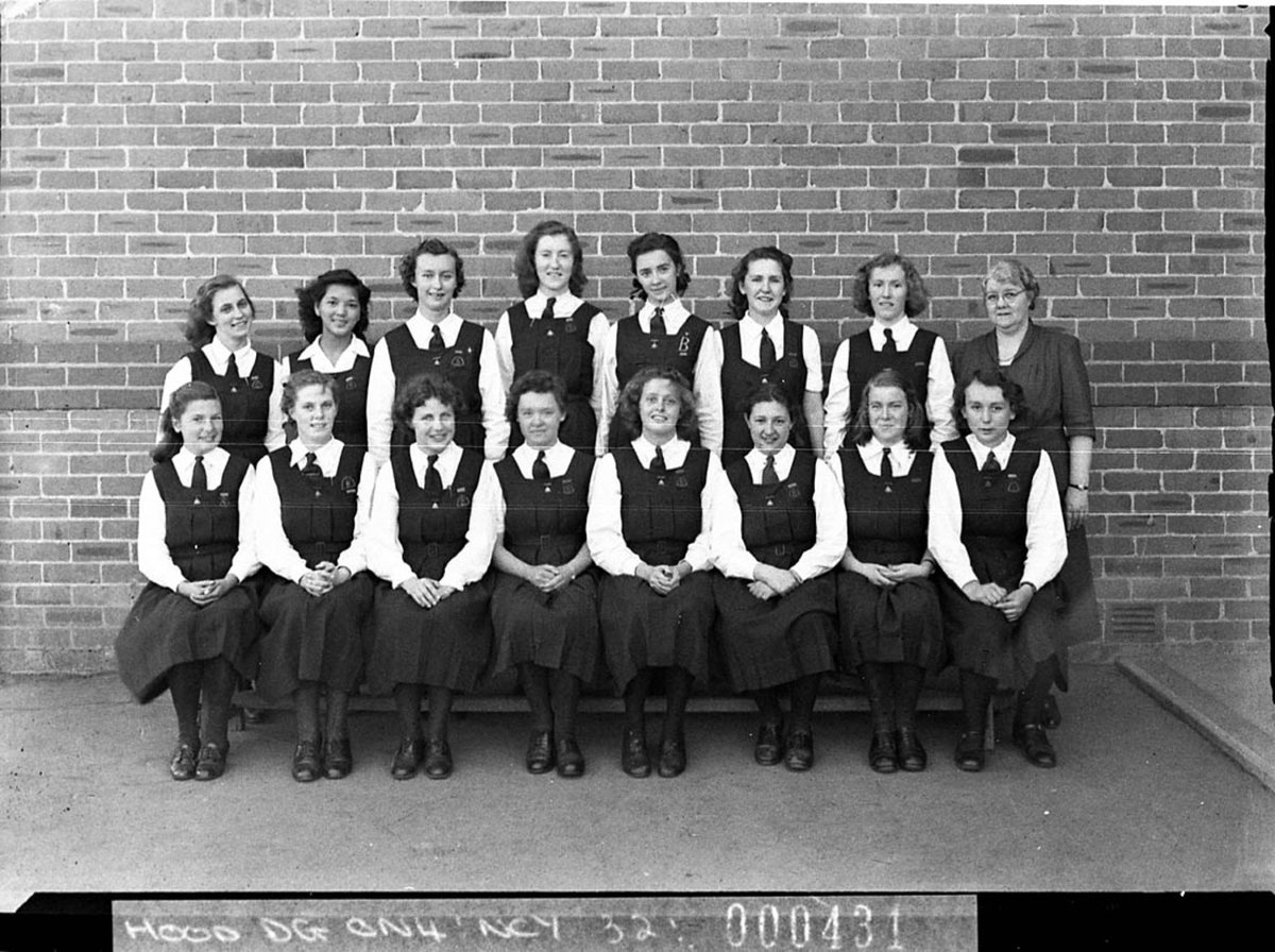 Group of 15 senior girls with their teacher, Burwood (1945)
