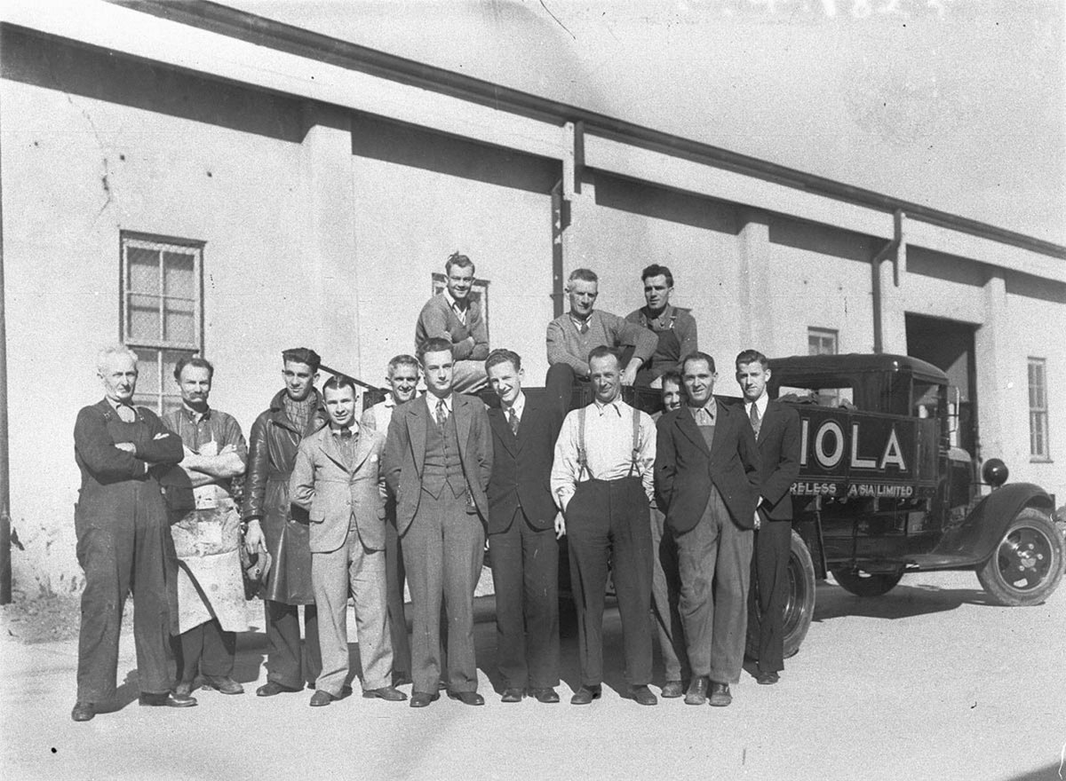 Group of foremen and workers outside the AWA plant, Ashfield (c. 1935)