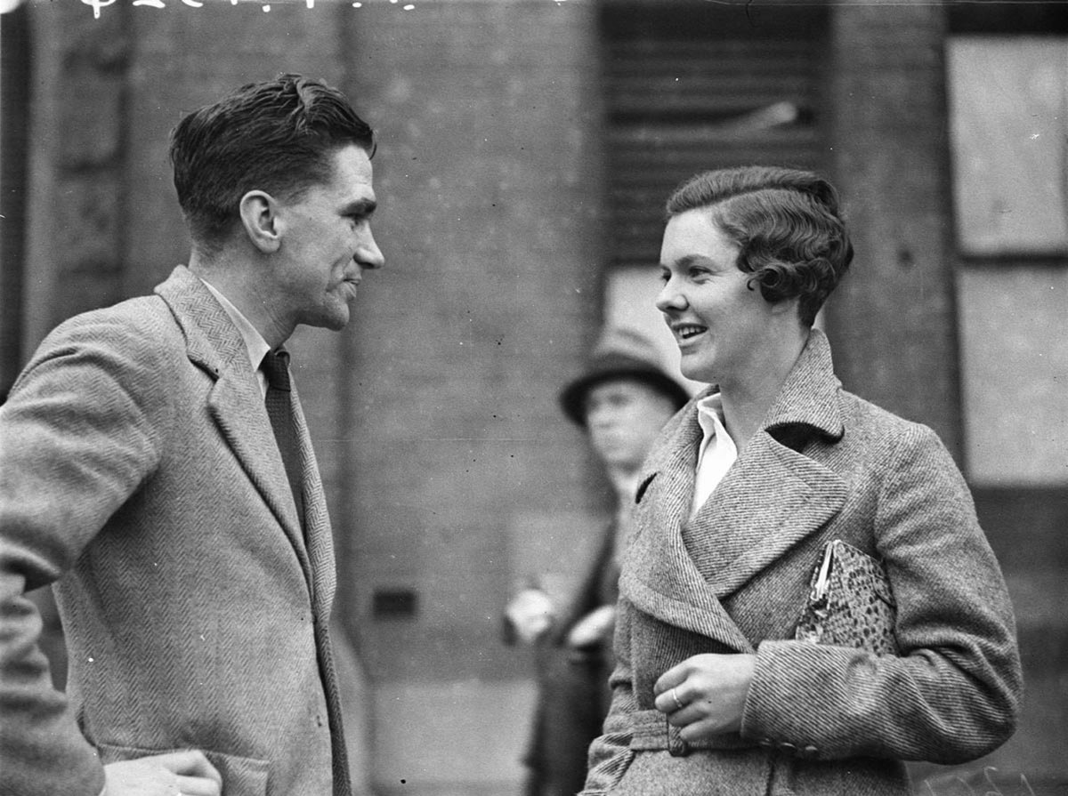 Harold Tiger Stevenson of the English speedway team meets Miss Taylor of the English Womens Cricket Team (1934)