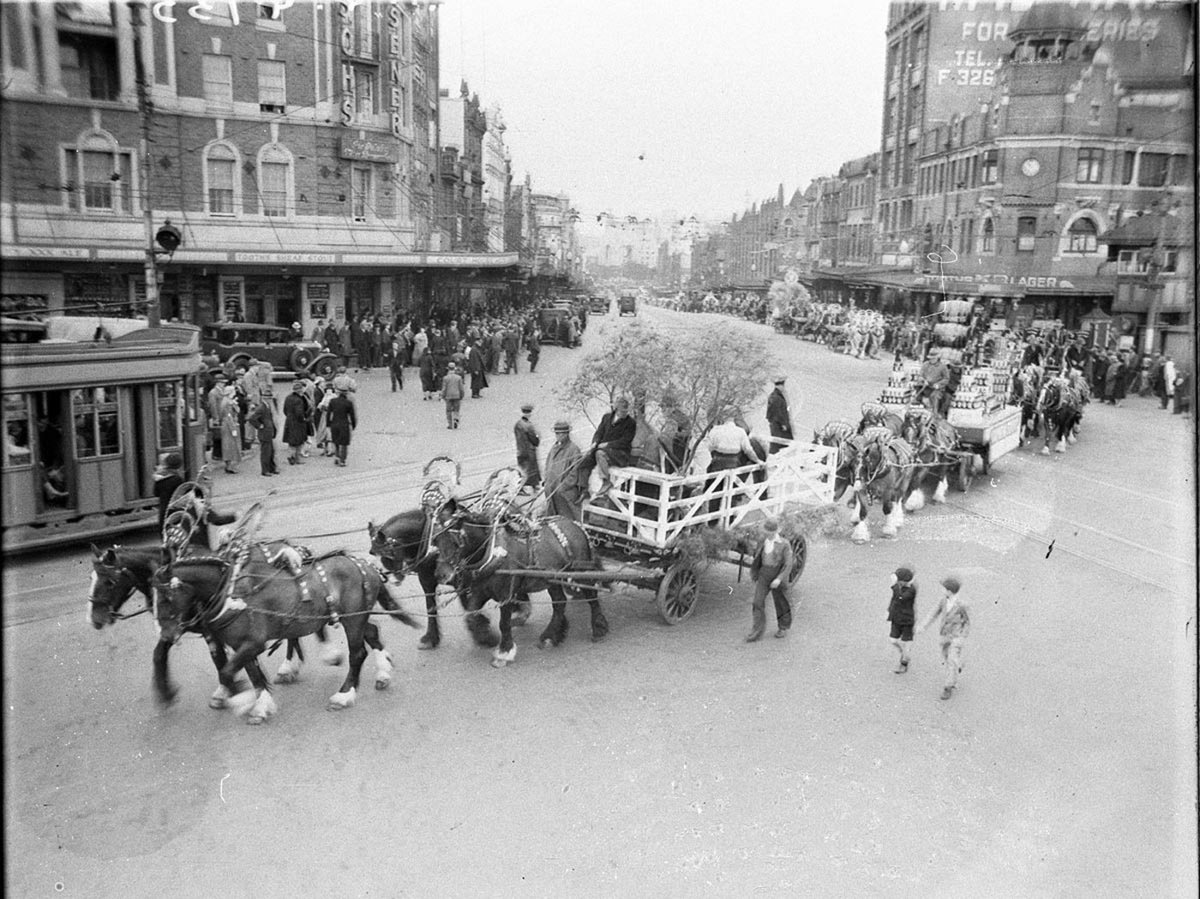 Horsedrawn float advertising Sheaf stout (c. 1934)