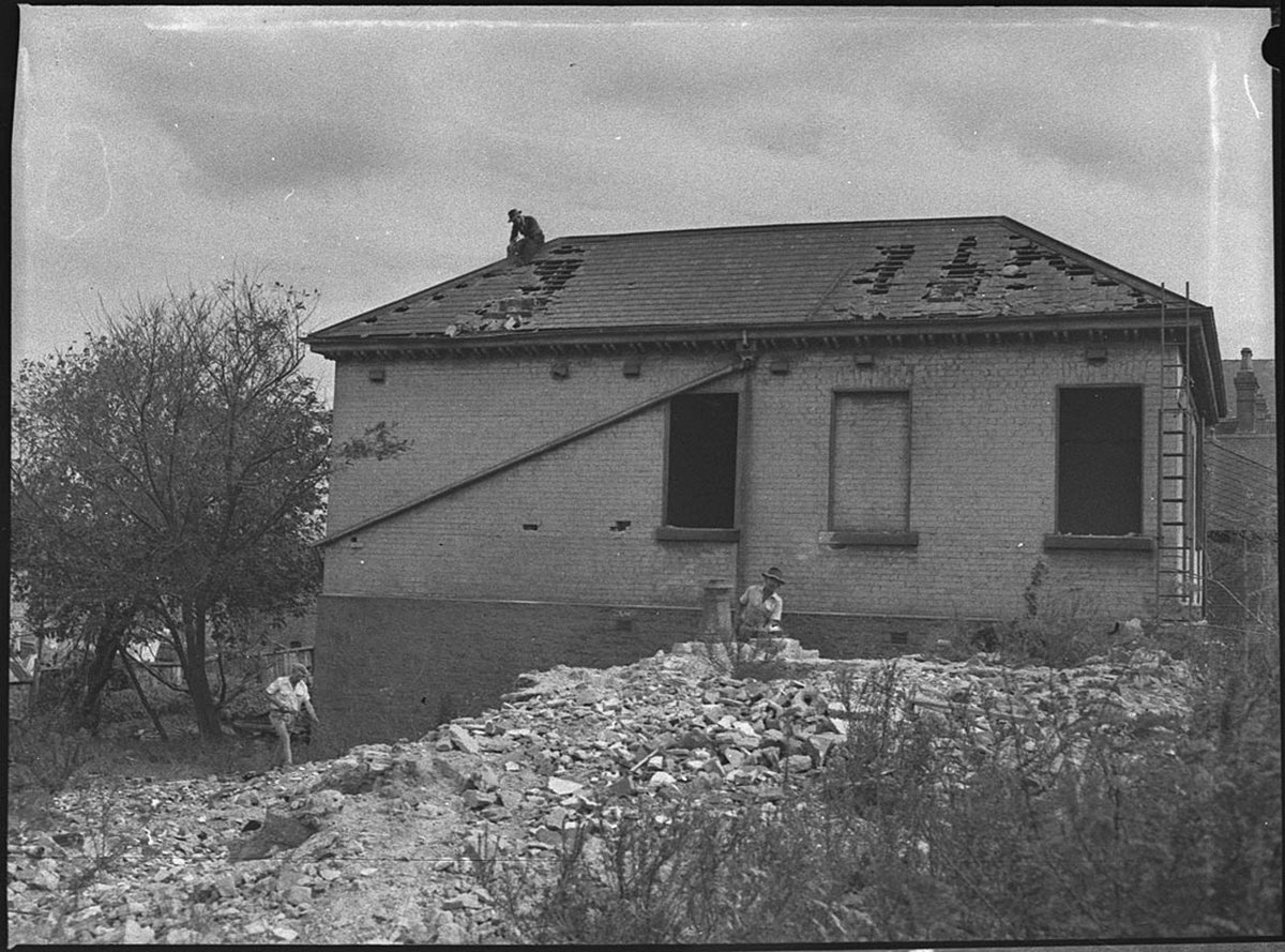 Houses being demolished for Conservatorium, Sydney city centre (1954)