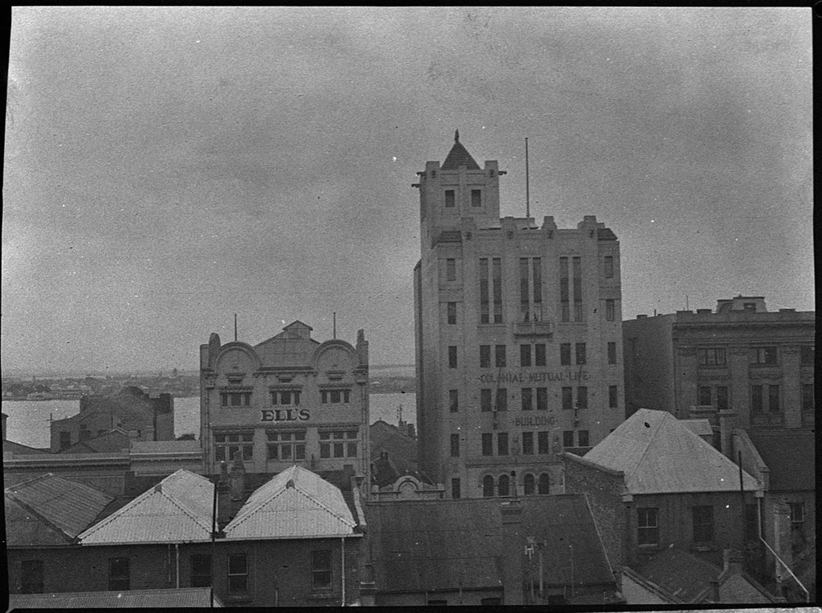 Hunter Street buildings Harbour and Stockton in background, Sydney city centre (1953)