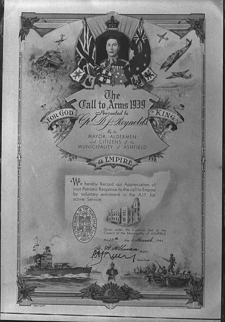 Illuminated address to Corporal Reynolds by Ashfield Aldermen Title The Call to Arms 1939