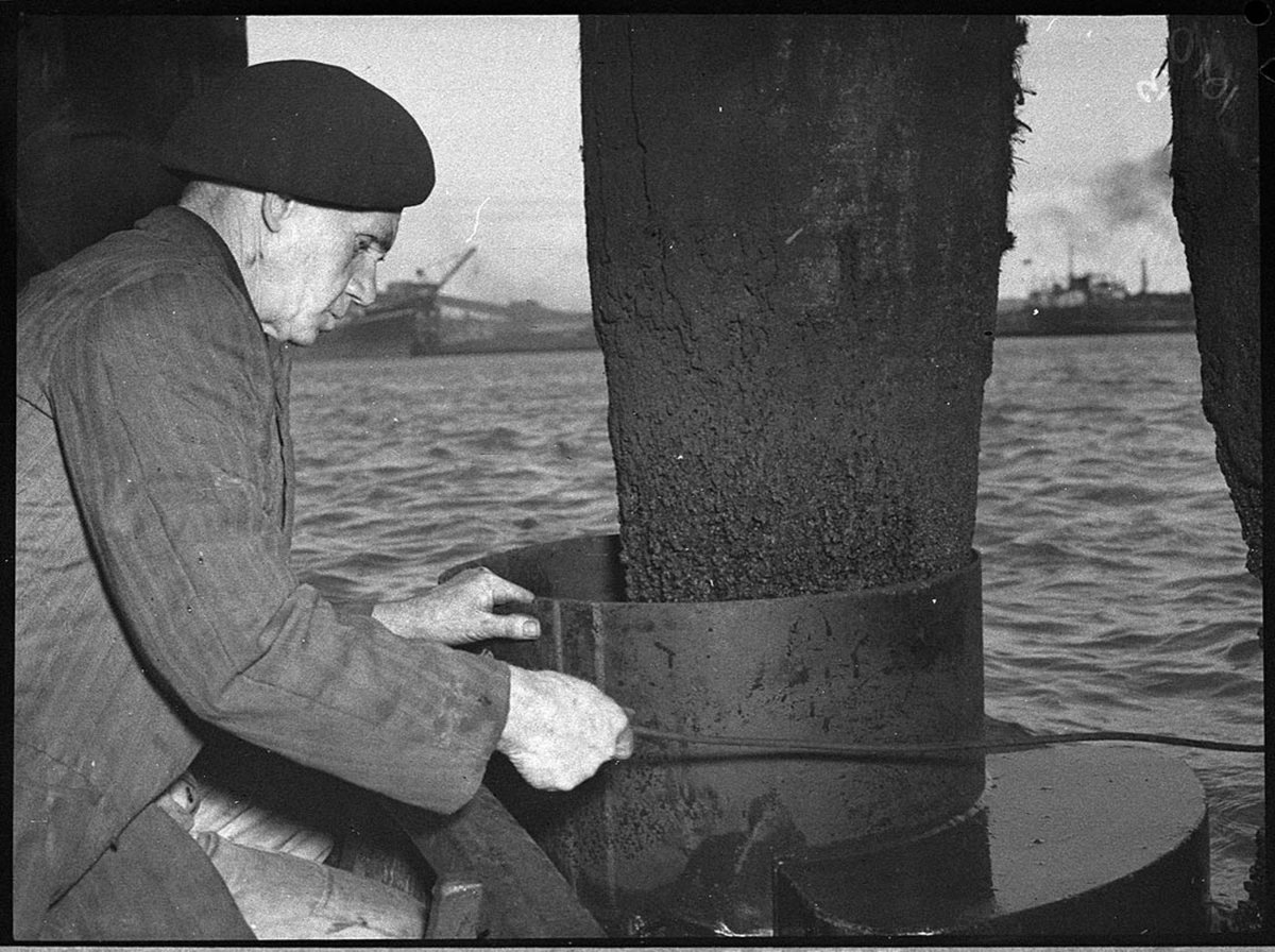 Inspection of wharves Carrington by A Shore of Railway Dept in beret and RA Johnson of Maritime Services Board Wharf preservation series (1953)