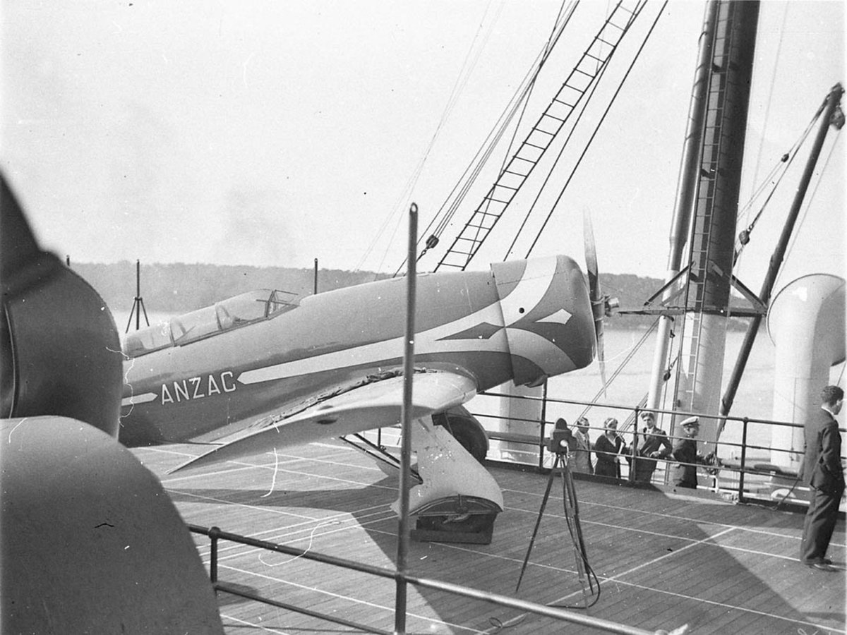 KingsfordSmiths Altair Anzac on the deck of the Mariposa (1934)